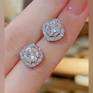 NEW silver tone square cut zircon surrounded with small circular zircon stones